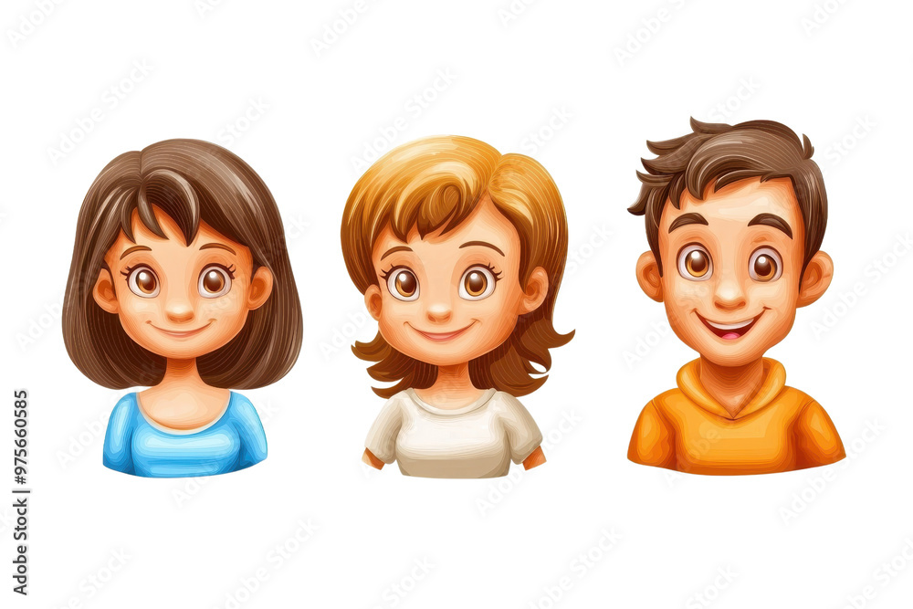 Cartoon illustration of three happy, smiling characters: two women and one man. Perfect for avatars, animations, and digital art projects. Cartoon illustration of three happy, smiling characters: two women and one man. Perfect for avatars, animations, and digital art projects.
