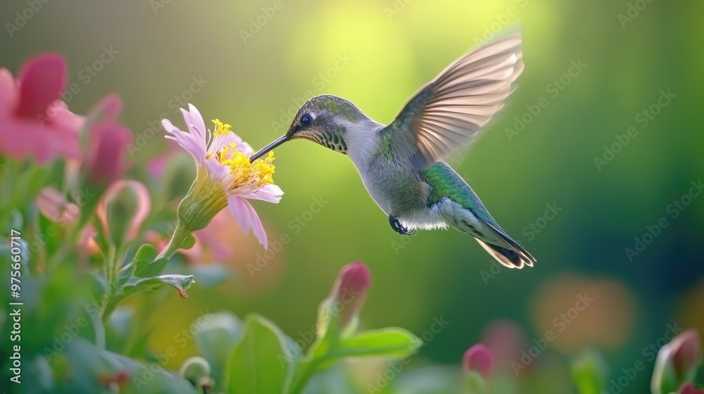 Fototapeta premium A close-up of a hummingbird sipping nectar from a flower, its wings a blur of motion.