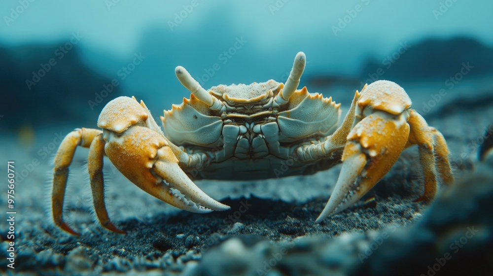 A close-up of a crab crawling along the ocean floor. A close-up of a crab crawling along the ocean floor.