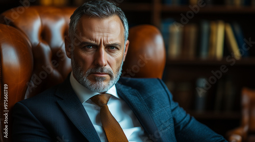 Photo of an angry, middle-aged business man sitting in a leather chair, with grey hair and a short beard, wearing an expensive suit, in an office setting, 