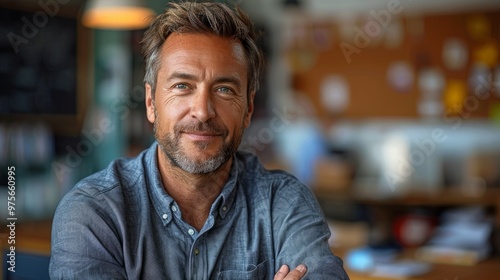 A man with a beard and gray hair is smiling at the camera