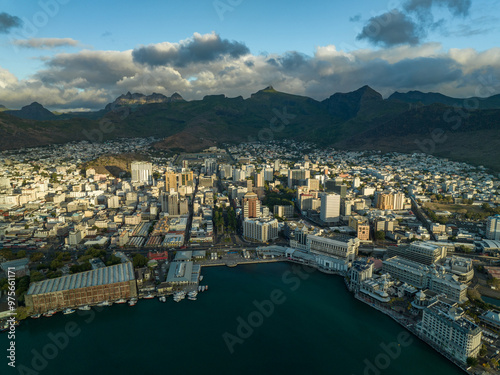 Aerial view: Waterfront of Port Louis, Mauritius island