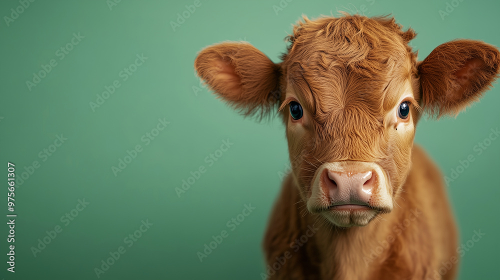 A portrait of an adorable Cow on a bright green background, looking at the camera with its eyes wide open and a curious expression. The photo is taken from a close-up to capture A portrait of an adorable Cow on a bright green background, looking at the camera with its eyes wide open and a curious expression. The photo is taken from a close-up to capture