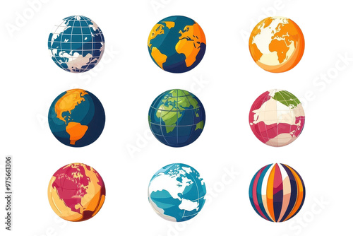 Collection of colorful globe illustrations depicting continents and different world views. Perfect for geography, education, and travel themes.