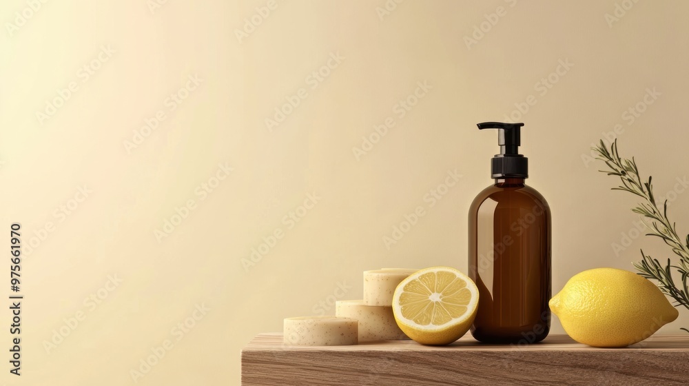 Amber glass bottle with lemons and handmade soap on wooden surface Amber glass bottle with lemons and handmade soap on wooden surface