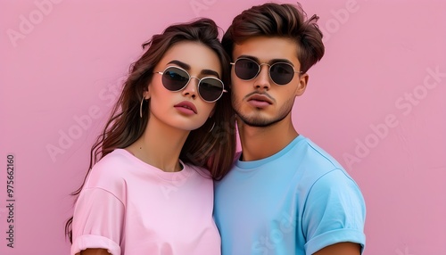 Trendy summer street fashion featuring a young couple in pale pink and blue-grey tops against a vibrant pink wall backdrop