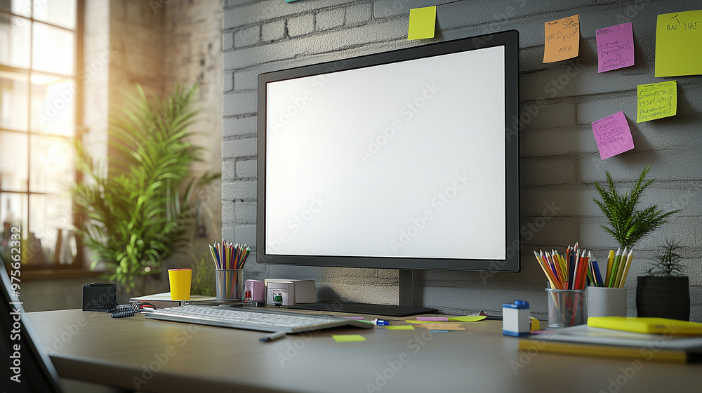 team brainstorming office with a whiteboard displaying a plain white screen mockup, with sticky notes and markers scattered around, team brainstorming office with a whiteboard displaying a plain white screen mockup, with sticky notes and markers scattered around,