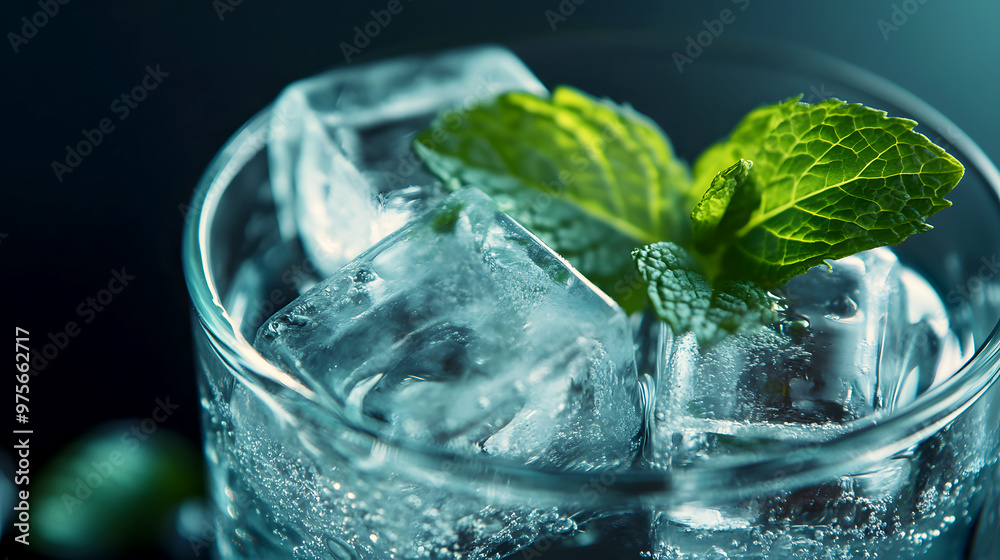 Sophisticated close-up of perfectly shaped ice cubes, each with a fresh mint leaf