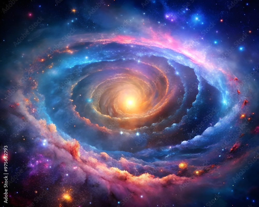 Obraz premium Serene Spiral Galaxy with Glowing Core Surrounded by Colorful Nebula and Stars background