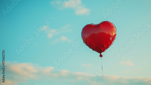 Charity concept, heart-shaped balloon floating against a clear sky, soft and bright lighting, minimalistic with clean lines, copy space on the right, symbolizes uplifting spirit