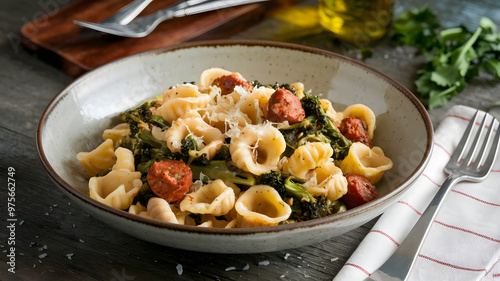 A serving of orecchiette pasta with broccoli rabe and Italian sausage, tossed in olive oil and garlic, served in a deep white bowl.   photo