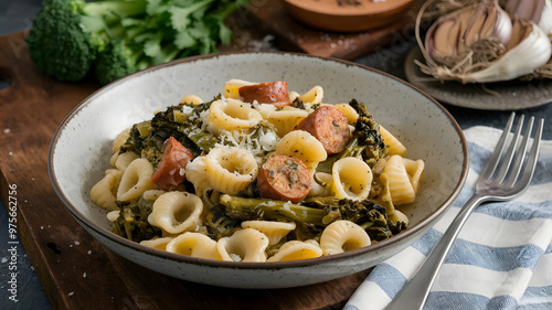 A serving of orecchiette pasta with broccoli rabe and Italian sausage, tossed in olive oil and garlic, served in a deep white bowl.   photo