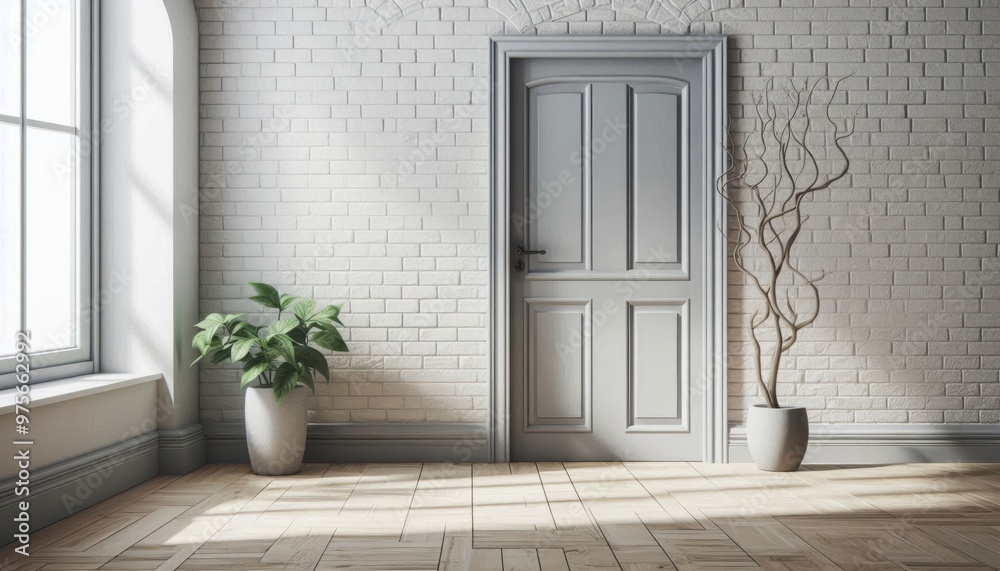 white brick wall, closed grey wooden door, light wooden floor, potted plant with branches white brick wall, closed grey wooden door, light wooden floor, potted plant with branches
