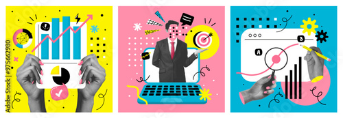 Contemporary art collage. Mixed media online search. Internet search bar with magnifying glass icon, SEO optimization and research pop art with halftone hand vector set. Internet searching, discovery 