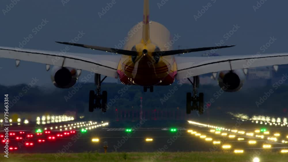 SCHIPHOL, NETHERLANDS - 25 AUGUST, 2024: DHL airplane approaching a runway during dusk, with runway lights and distant city buildings in the background SCHIPHOL, NETHERLANDS - 25 AUGUST, 2024: DHL airplane approaching a runway during dusk, with runway lights and distant city buildings in the background