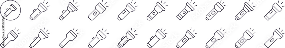 Collection of Line Icons of Flashlight. Editable Stroke. Minimalistic Linear Pictogram for Design of Cards, Apps, Banners, Posts Collection of Line Icons of Flashlight. Editable Stroke. Minimalistic Linear Pictogram for Design of Cards, Apps, Banners, Posts