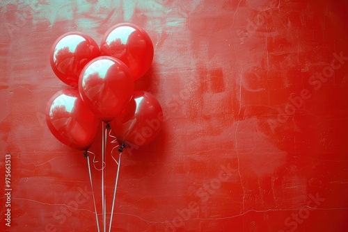 Five Red Balloons Against a Cracked Red Wall photo