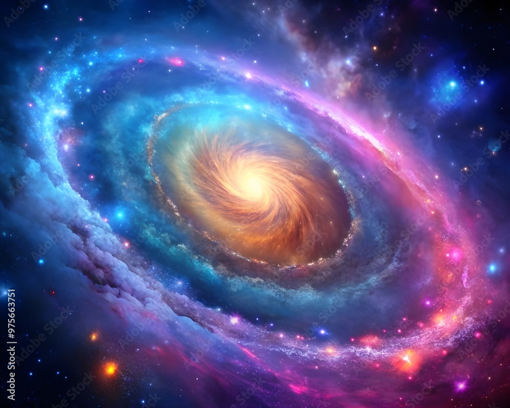 Serene Spiral Galaxy with Glowing Core Surrounded by Colorful Nebula and Stars background Serene Spiral Galaxy with Glowing Core Surrounded by Colorful Nebula and Stars background