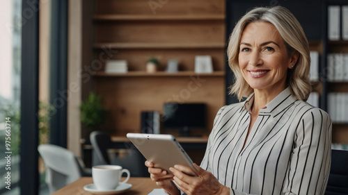 Smiling mature business woman executive, happy middle aged businesswoman entrepreneur, 35 years old company holding digital tablet looking at camera standing in office at work