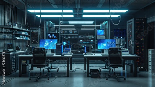 A large control room with many computer monitors and comfy chairs