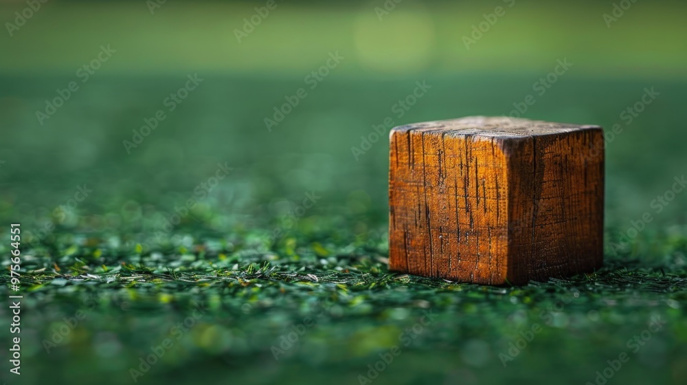 A single, wooden block sits on a patch of green grass. A single, wooden block sits on a patch of green grass.
