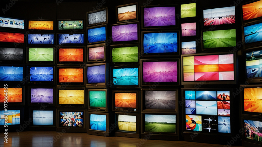 Wall of televisions displaying various colorful broadcasts Wall of televisions displaying various colorful broadcasts
