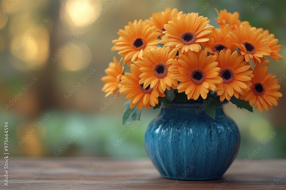 custom made wallpaper toronto digitalOrange Gerbera Daisies in a Blue Vase on a Wooden Table