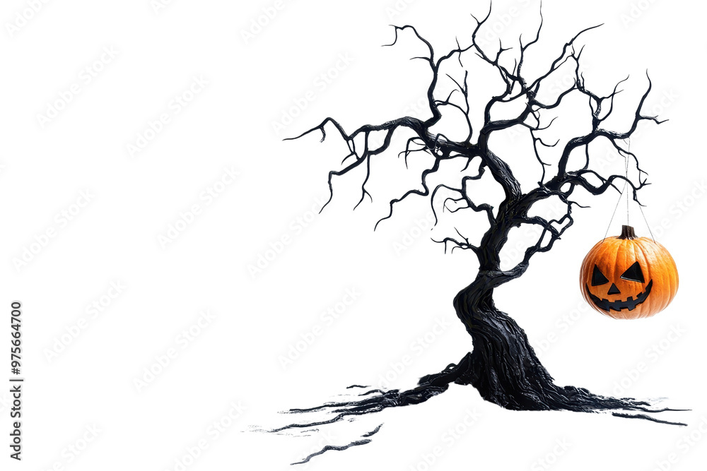 Spooky Halloween tree with a carved pumpkin hanging, perfect for eerie holiday themes and decorations. Spooky Halloween tree with a carved pumpkin hanging, perfect for eerie holiday themes and decorations.