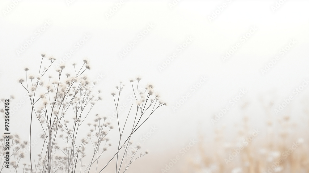 Fototapeta premium A serene landscape dominated by a pale, almost white background. On the left side, there's a cluster of slender, dried plants with thin stems and delicate flowers