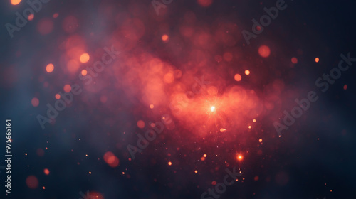 Abstract background with gradient smoke of red-orange shades and sparkling light particles on a dark blue background