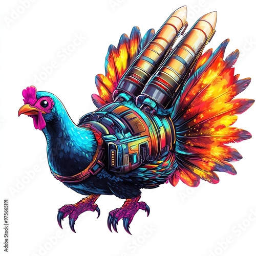 A space turkey with rocket boosters clipart, sci-fi twist, vibrant colors, digital illustration, isolated on white background photo