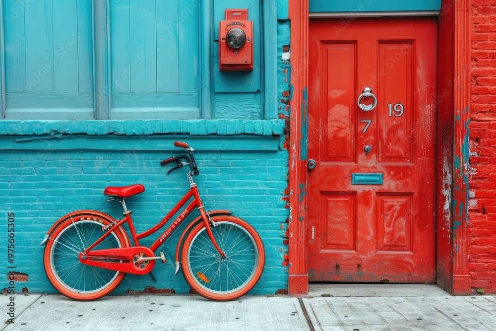 Red Bicycle Parked Against a Blue Brick Wall with a Red Door Red Bicycle Parked Against a Blue Brick Wall with a Red Door