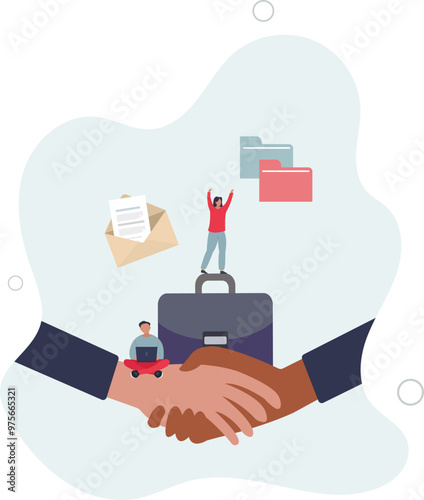 Deal sealed and successful contract agreement handshake .Final collaboration moment with future company partnership.flat design with people.