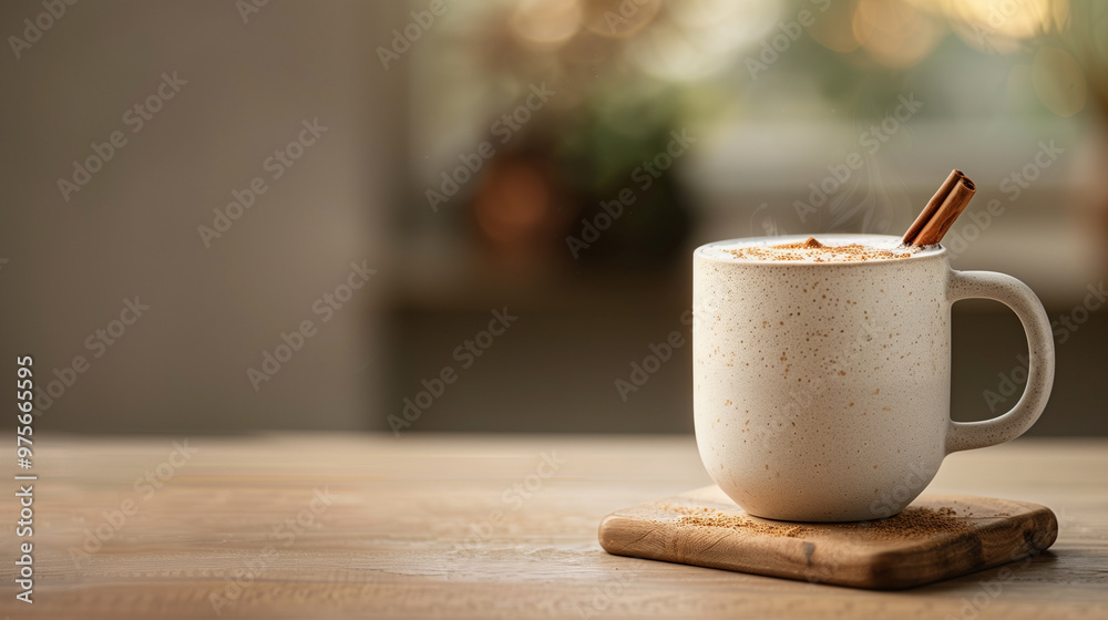 Warm and inviting, this cozy cup of coffee features sprinkle of cinnamon and cinnamon stick, resting on wooden coaster. Perfect for relaxing moment. Warm and inviting, this cozy cup of coffee features sprinkle of cinnamon and cinnamon stick, resting on wooden coaster. Perfect for relaxing moment.