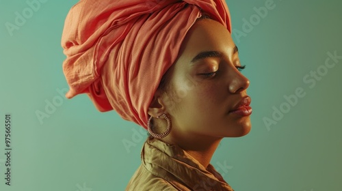 A woman s face close up with a pink towel on her head photo