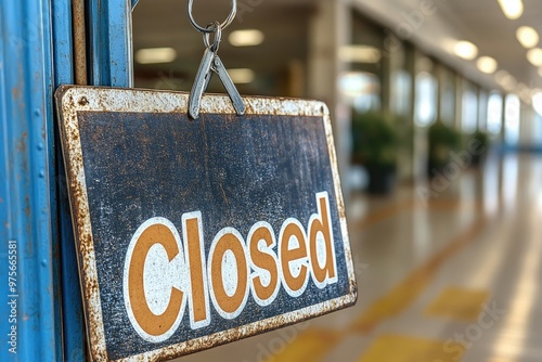 Rusty Closed Sign Hanging on Blue Door photo