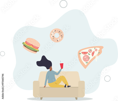 woman lying on the sofa and eating fast food,flat design with people.