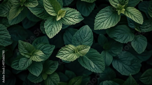 A collection of vibrant green leaves against a dark background