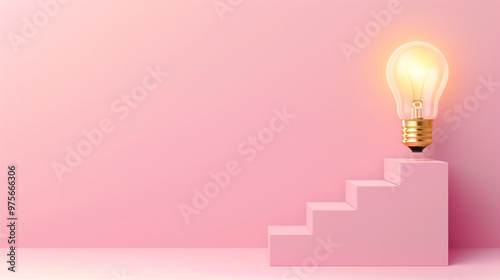 A light bulb sits atop pink staircase, symbolizing ideas and inspiration. soft pink background adds calming touch, enhancing overall aesthetic.