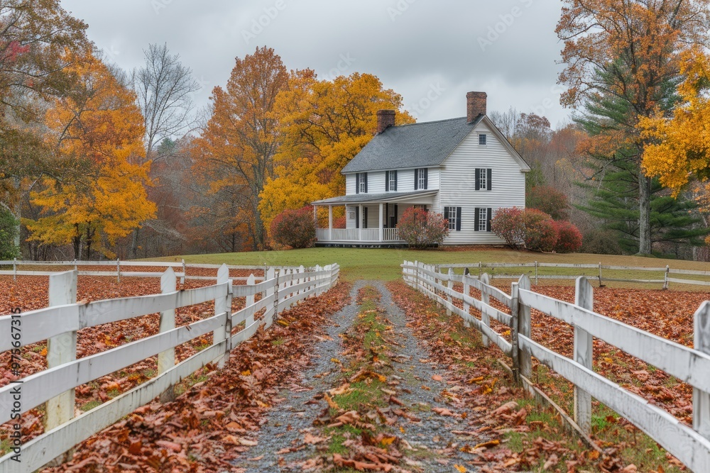 White Farmhouse with Autumn Foliage and Fence White Farmhouse with Autumn Foliage and Fence