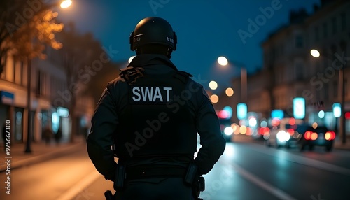 Swat team officer standing in street at night