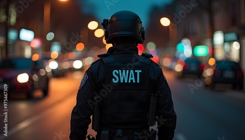 Swat team officer standing in street at night