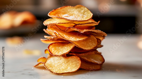 stack of kettle-cooked potato chips with lightly browned edges, emphasizing their crispy texture photo