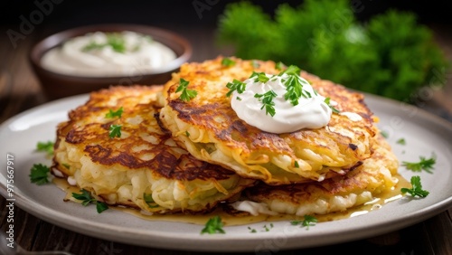 Potato pancakes with sour cream and herbs, fried in a frying pan. A traditional dish of European cuisine.