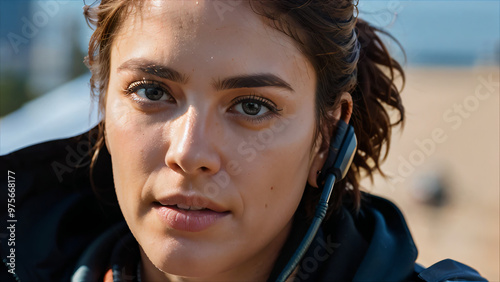 Close-up portrait of a young videographer. Assistant director, cinema, professional figure, camerawoman, audio video service, seriousness and concentration, headset, communication, set management