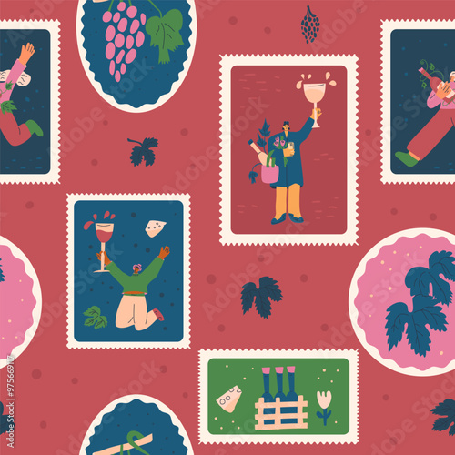 Wine lovers seamless pattern. Geometric emblem repeat background. Party retro post stamps endless design. Vector hand drawn flat illustration.