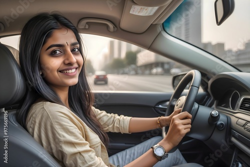 A woman is driving a car in the city.