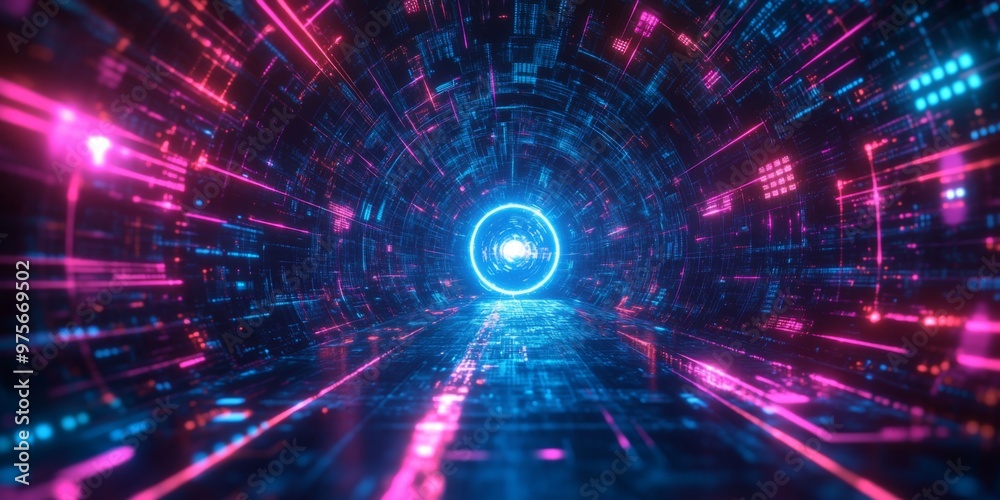 Fototapeta premium Dynamic depiction of a neon tunnel with vibrant blue and red lights, illustrating technological progress.