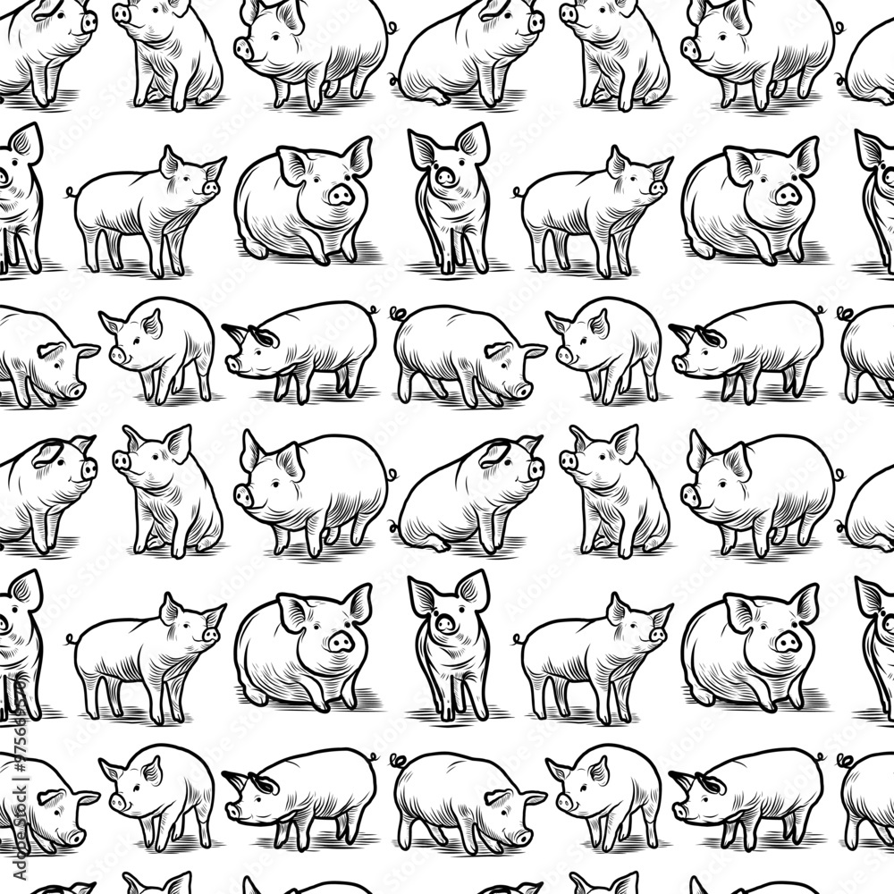 Obraz premium Seamless pattern-sketch of a pig. Different poses of a sitting, standing pig. Vintage illustration. Element for design of fabric, packaging and postcard.