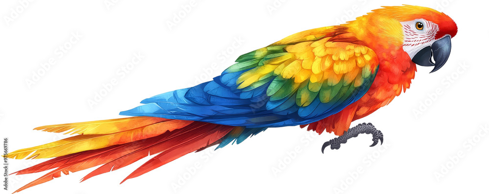 Obraz premium A vibrant and colorful macaw perched gracefully, showcasing its stunning feathers and bright plumage against a clear background.